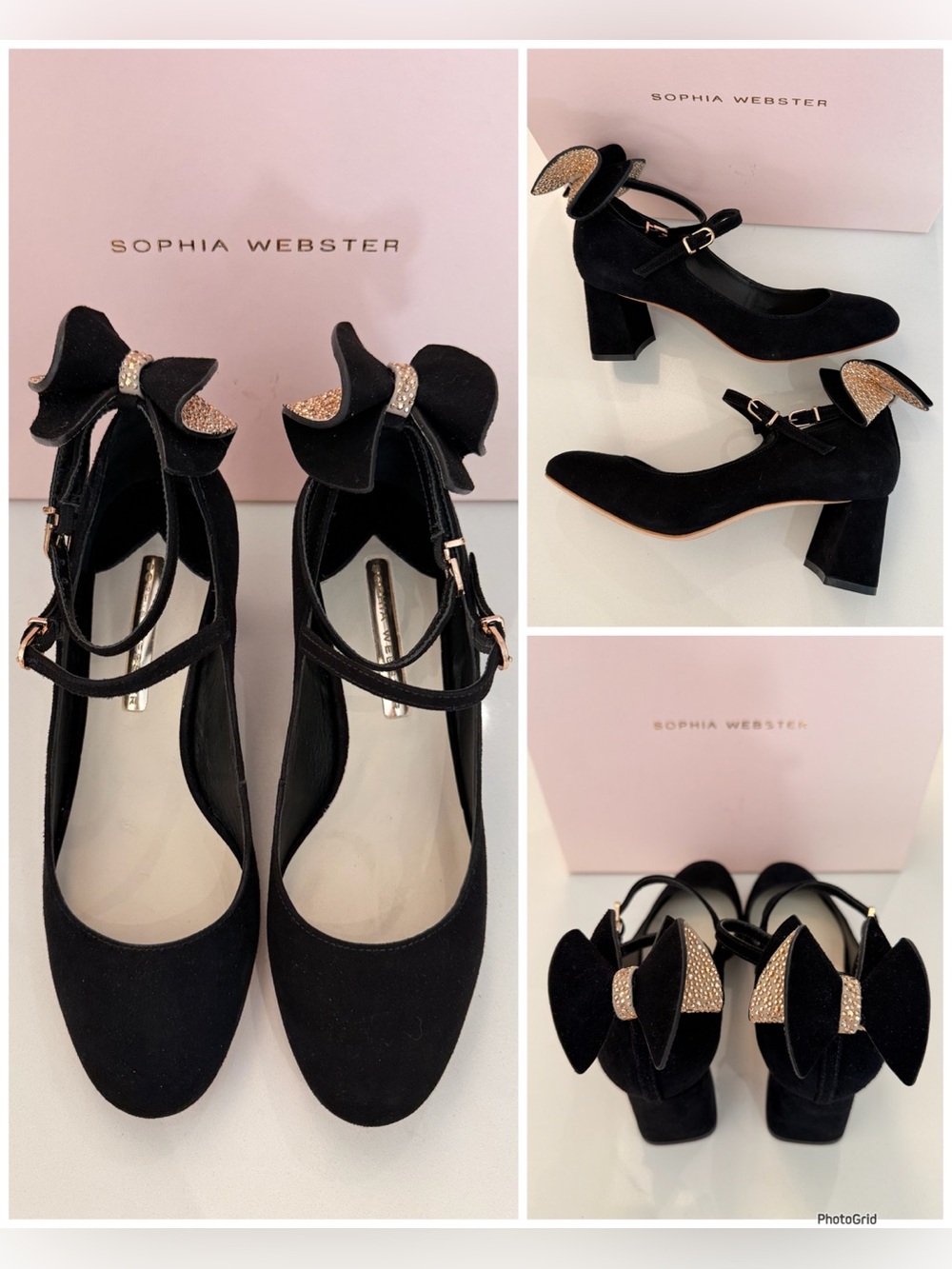 Sophia Webster Lilia Black Suede Crystal Bow Mary Jane Block Heels EU 37 US 7